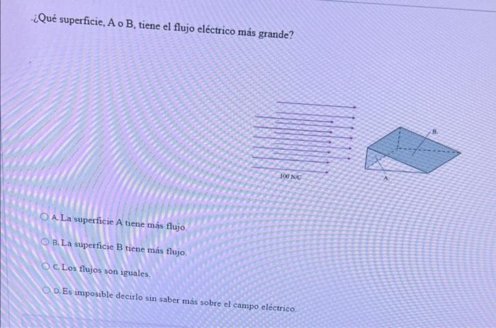 ¿Qué superficie, A o B, tiene el flujo eléctrico más grande? A. La superficie A tiene más flujo. B. La superficie B tiene más