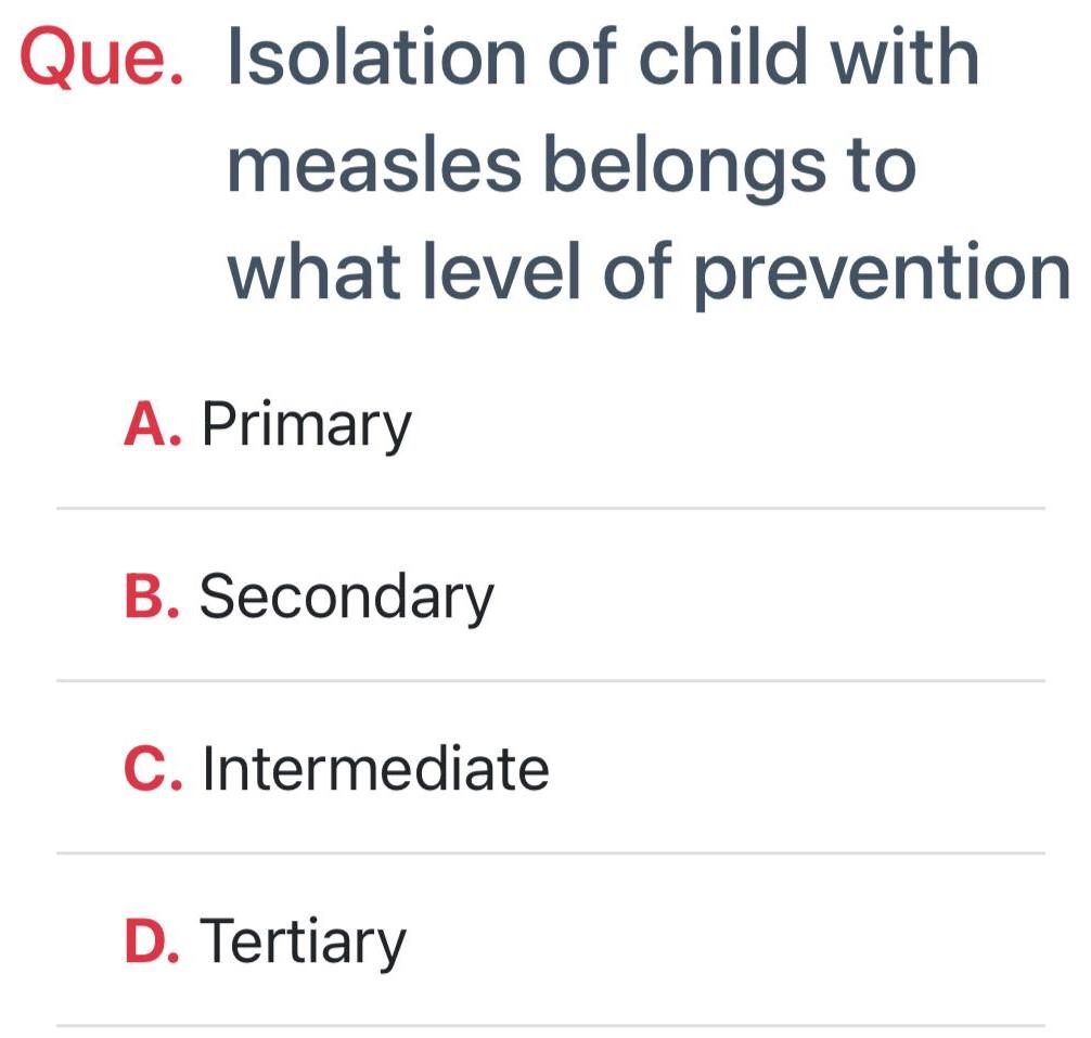Solved Que. Isolation of child with measles belongs to what | Chegg.com