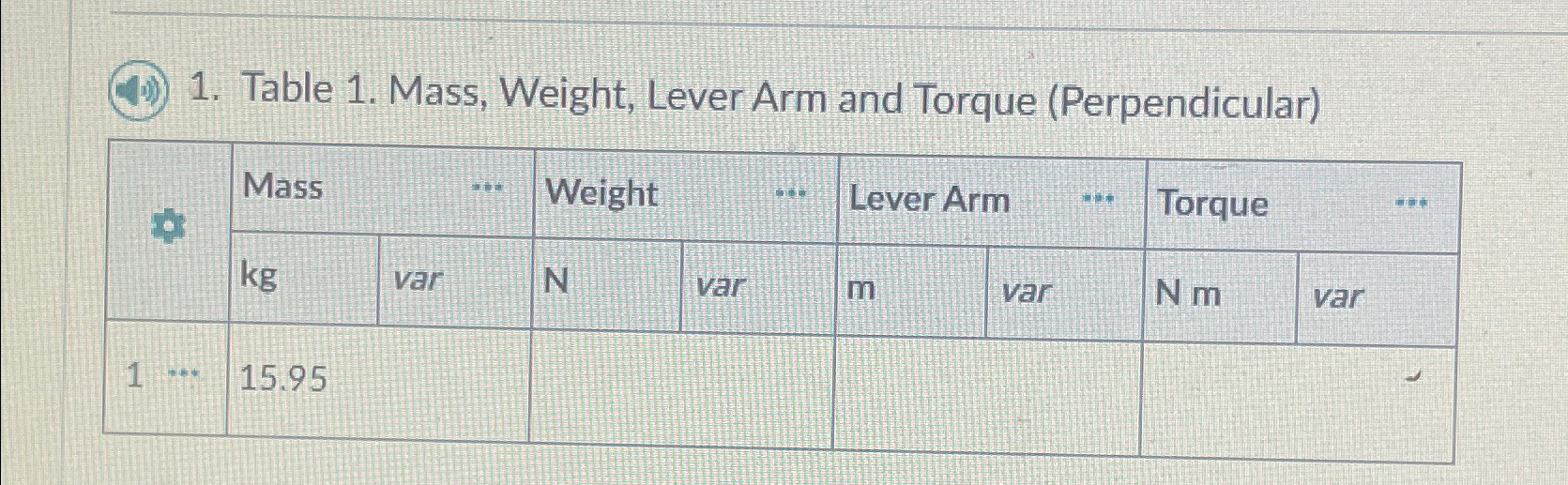 Solved (41) 1. ﻿Table 1. ﻿Mass, Weight, Lever Arm and Torque | Chegg.com