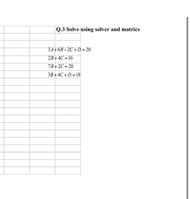 Solved Q.3 Solve using solver and matrics 3A +6B-2C + D = 20 | Chegg.com