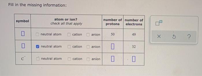 Solved Fill in the missing information: symbol atom or ion? | Chegg.com
