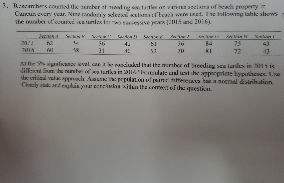 Solved 3. Researchers counted the number of breeding sea | Chegg.com