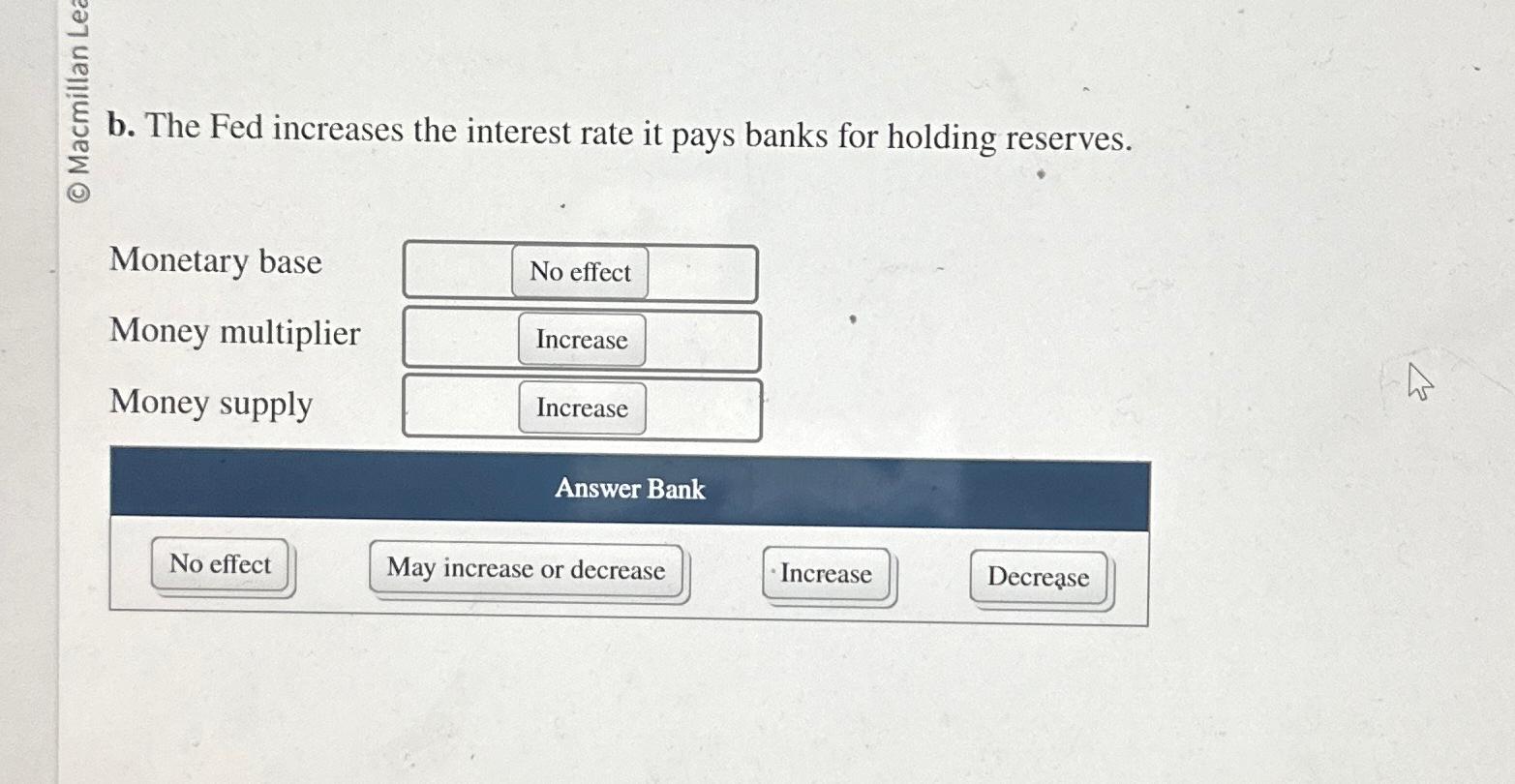 Solved B. ﻿The Fed Increases The Interest Rate It Pays Banks | Chegg.com