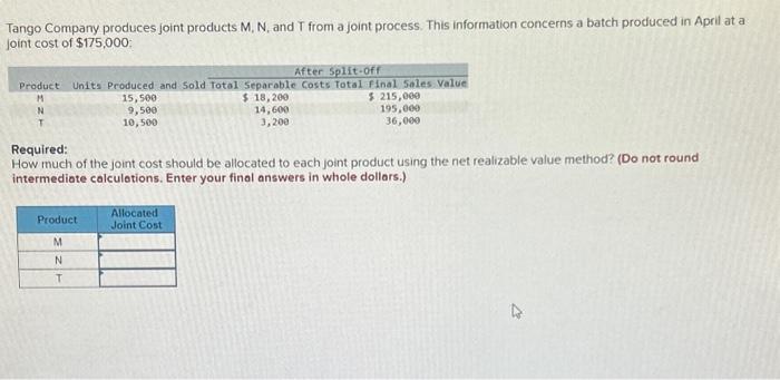 Tango Company produces joint products M,N, and T from | Chegg.com