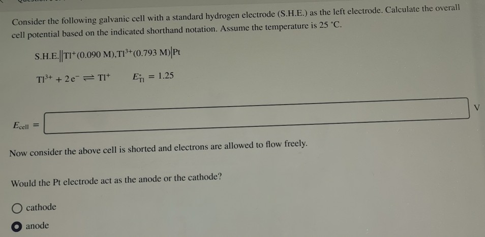 Solved Consider the following galvanic cell with a standard | Chegg.com
