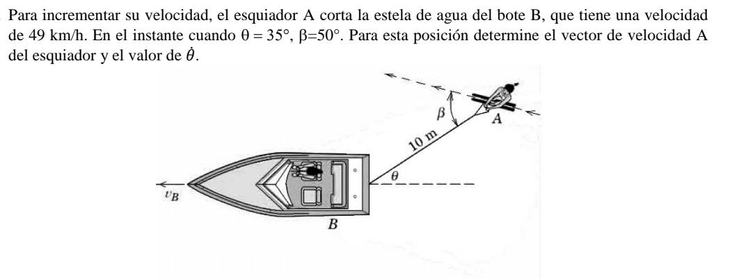 Para incrementar su velocidad, el esquiador A corta la estela de agua del bote B, que tiene una velocidad de \( 49 \mathrm{~k