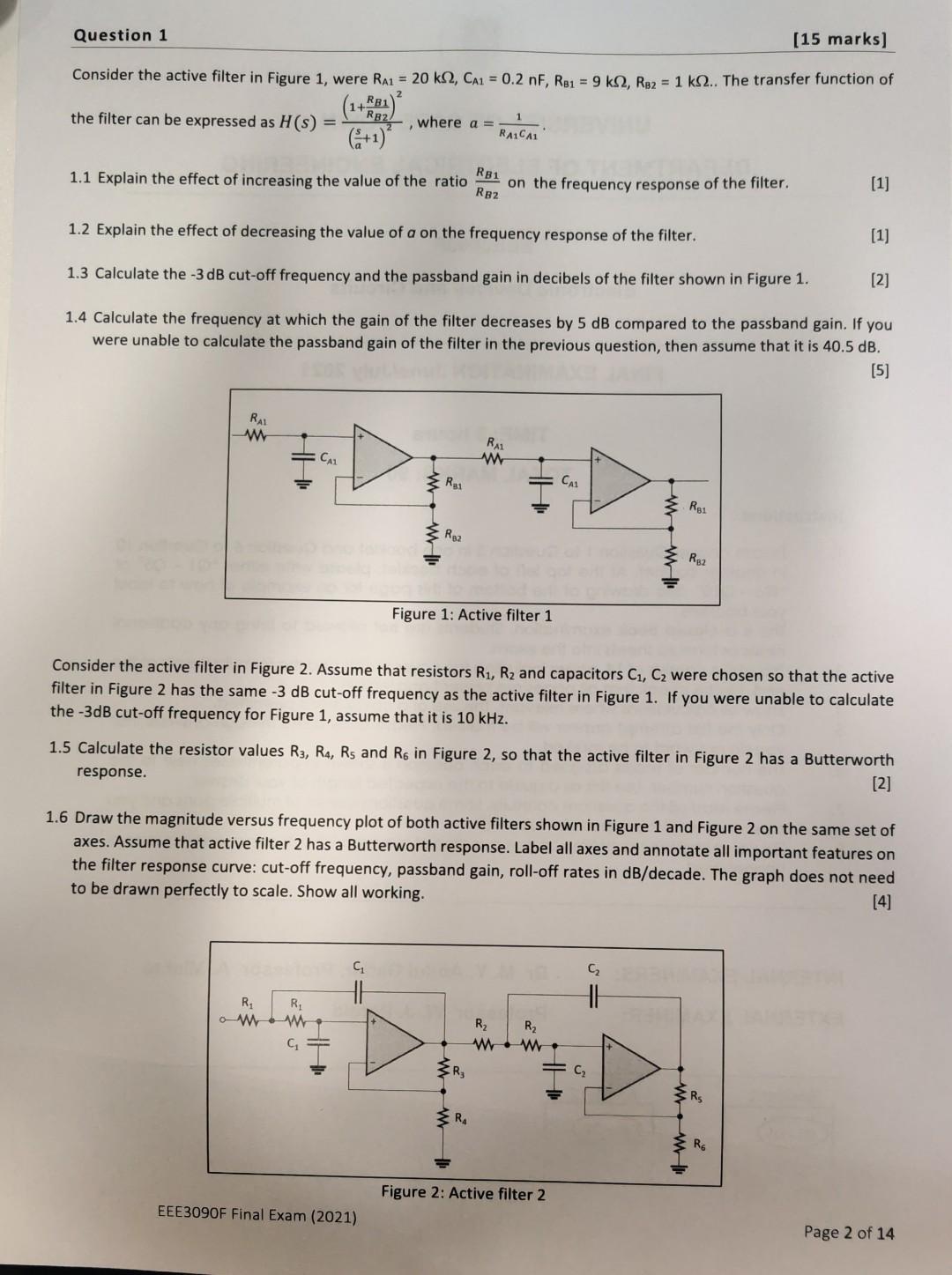 Solved [15 marks] Question 1 Consider the active filter in | Chegg.com