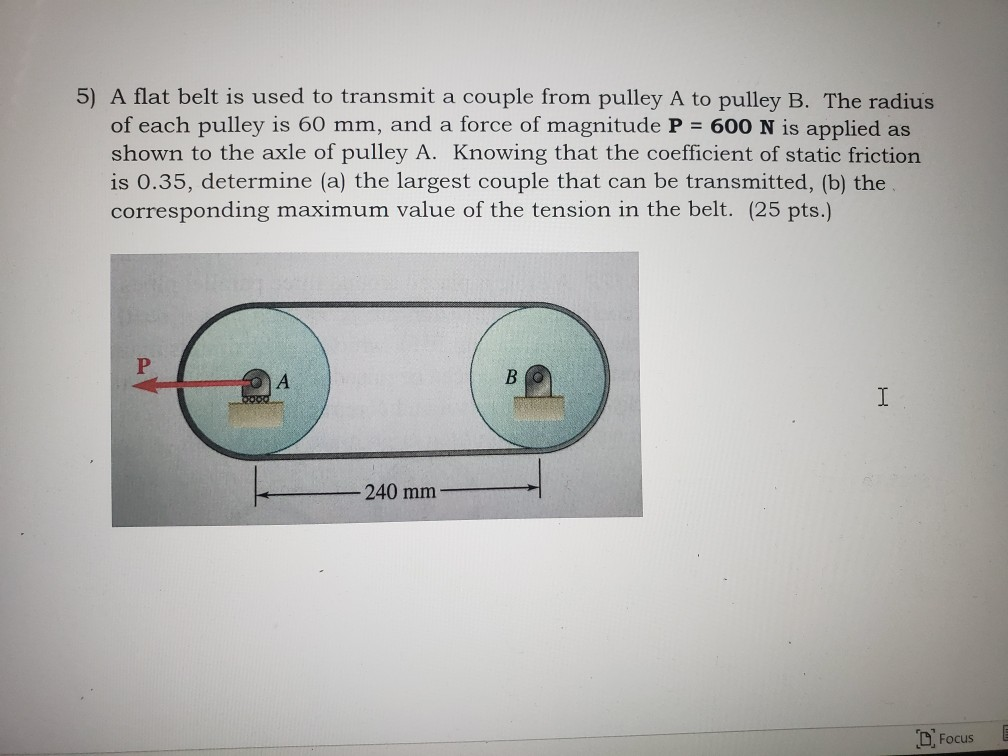 Solved 5) A flat belt is used to transmit a couple from