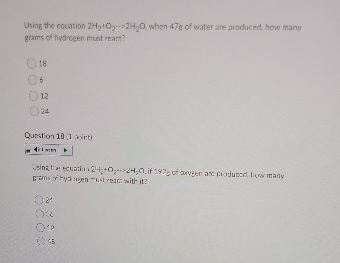 Solved Using the equation 2H2+O2-->2H20, when 47g of water | Chegg.com