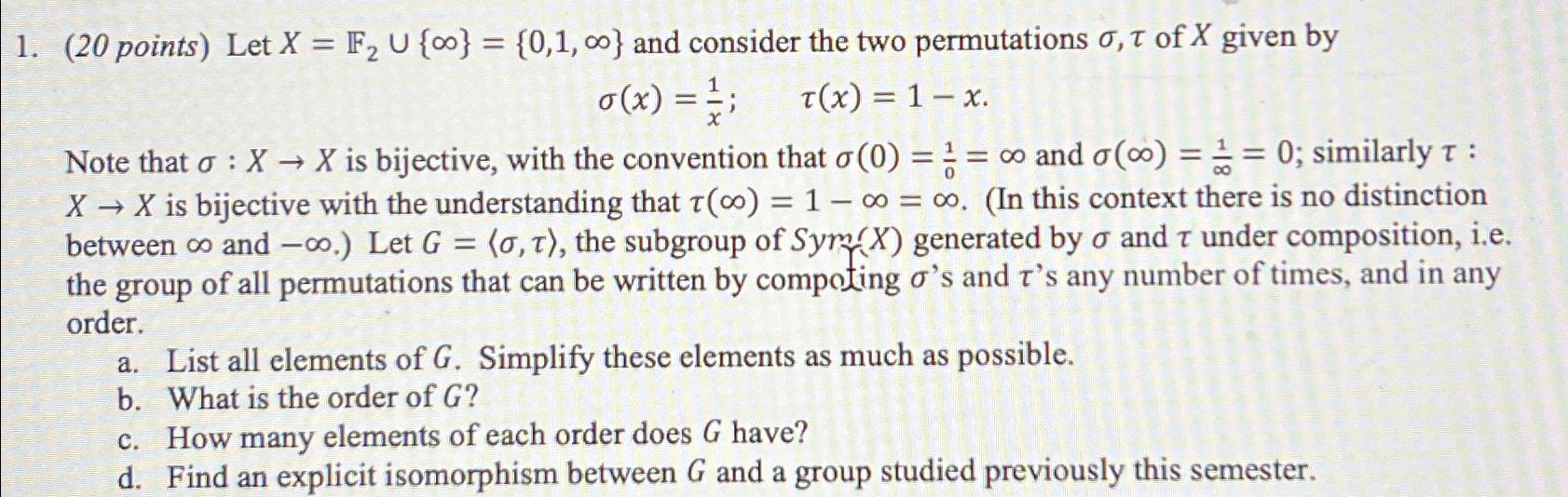 Solved (20 ﻿points) ﻿Let x=F2∪{∞}={0,1,∞} ﻿and consider the | Chegg.com