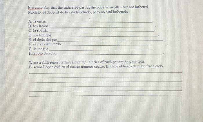 Eiercicio Say that the indicated part of the body is swollen but not infected. Modelo: el dedo El dedo está hinchado, pero no