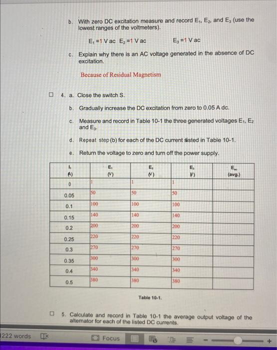 Solved b. With zero DC excitation measure and record E1,E2 | Chegg.com