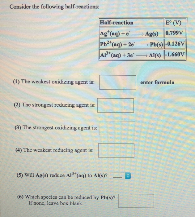 Solved Consider the following half-reactions: Half-reaction | Chegg.com