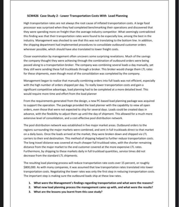 Solved SCM426 Case Study 2 - Lower Transportation Costs With | Chegg.com
