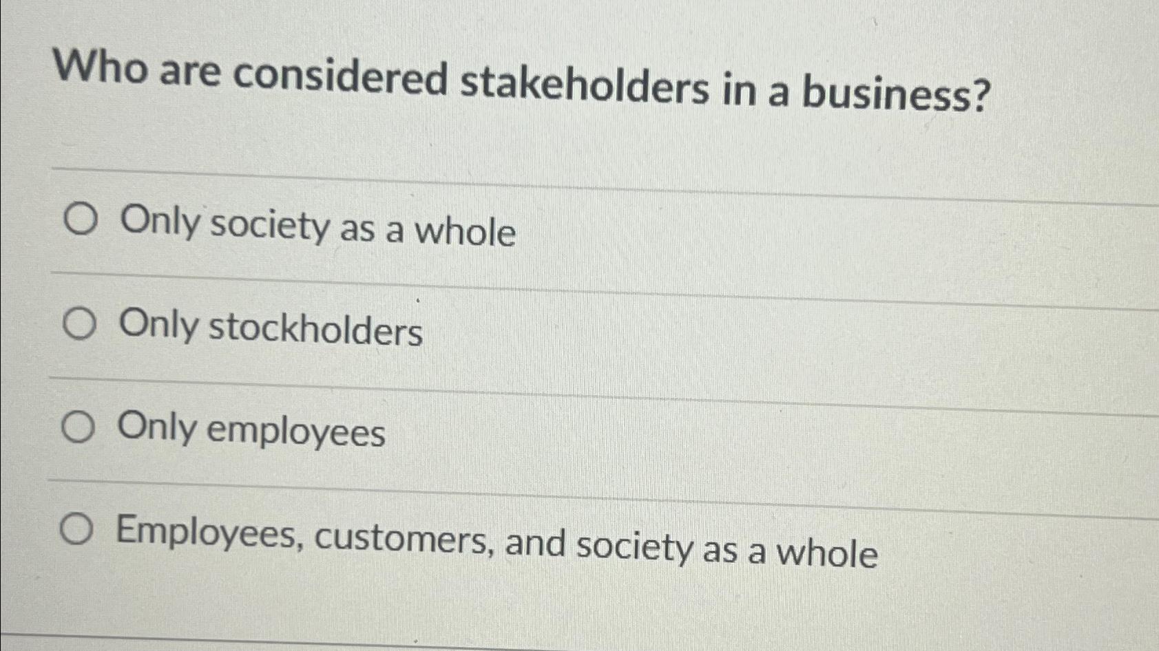 Solved Who are considered stakeholders in a business?Only