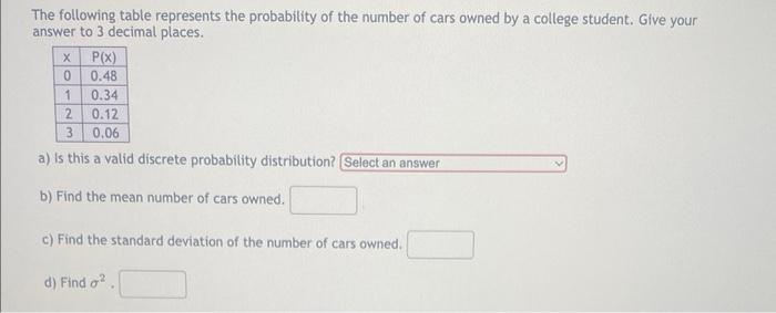 Solved The following table represents the probability of the | Chegg.com