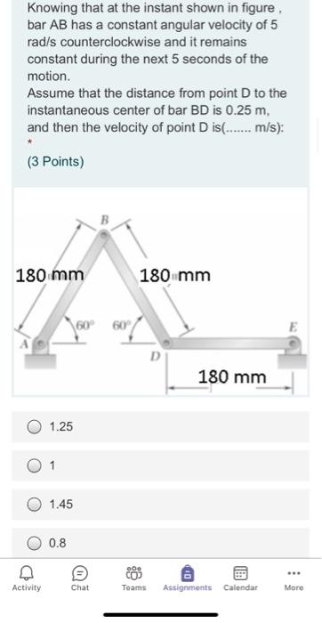 Solved Knowing that at the instant shown in figure, bar AB | Chegg.com
