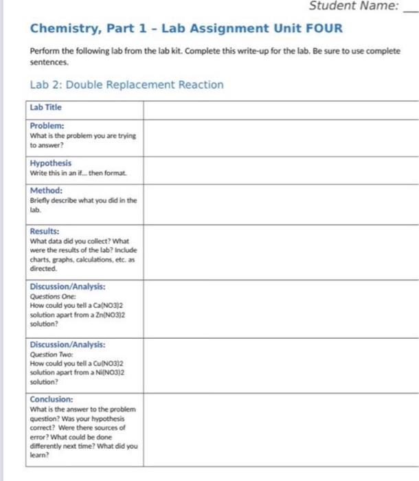 Student Name: Chemistry, Part 1 - Lab Assignment Unit | Chegg.com