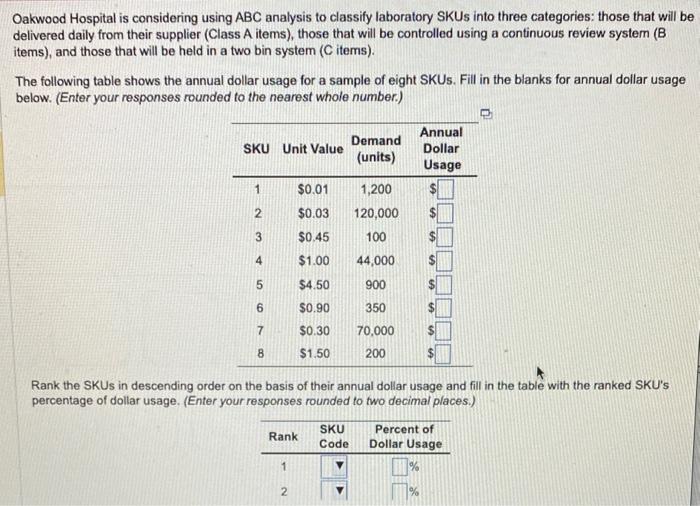 Oakwood Hospital is considering using ABC analysis to classify laboratory SKUs into three categories: those that will be deli