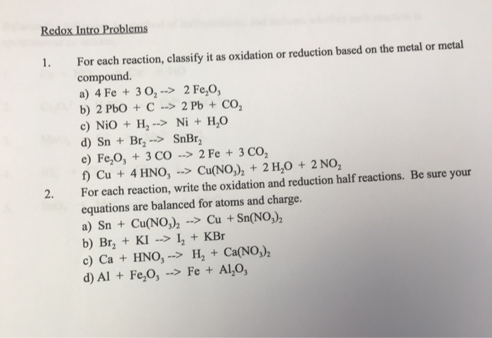 Redox Question Examples Solved Redox Intro Problems 1. For each reaction, classify | Chegg.com