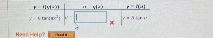 \[ \begin{array}{l|c|c} y=f(g(x)) & u=g(x) & y=\boldsymbol{f}(u) \\ \hline y=8 \tan \left(\pi x^{3}\right) & u=1 & y=8 \tan u