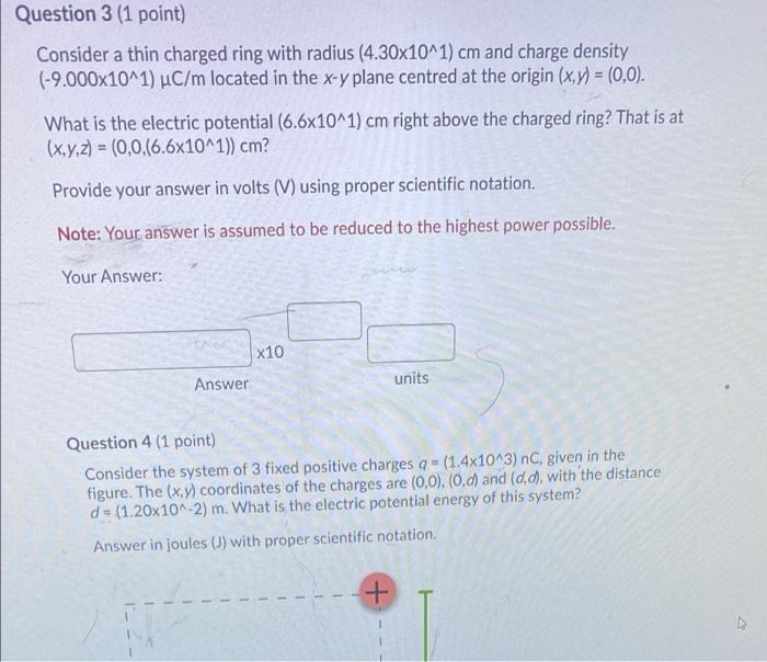 Solved Question 3 (1 point) Consider a thin charged ring | Chegg.com