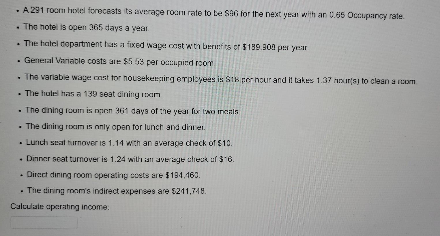 Solved A 291 room hotel forecasts its average room rate to | Chegg.com
