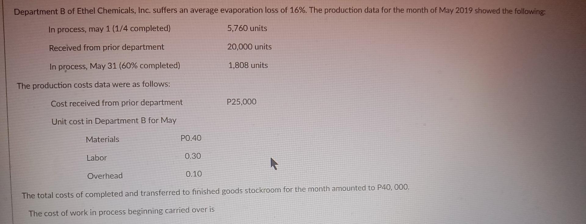 Solved Department B of Ethel Chemicals, Inc. suffers an