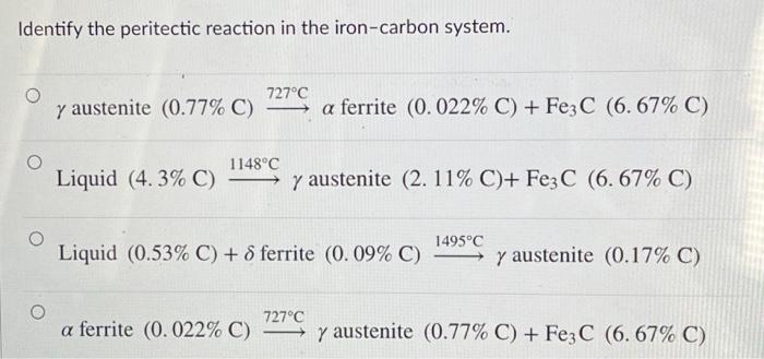 Identify the peritectic reaction in the iron-carbon system. \( \gamma \) austenite \( (0.77 \% \mathrm{C}) \stackrel{727^{\ci