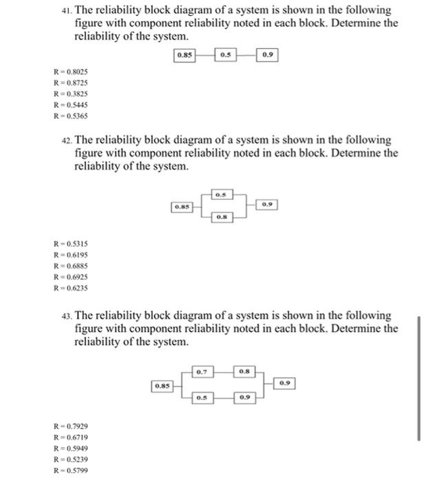 Solved 0.85 0.5 41. The reliability block diagram of a | Chegg.com