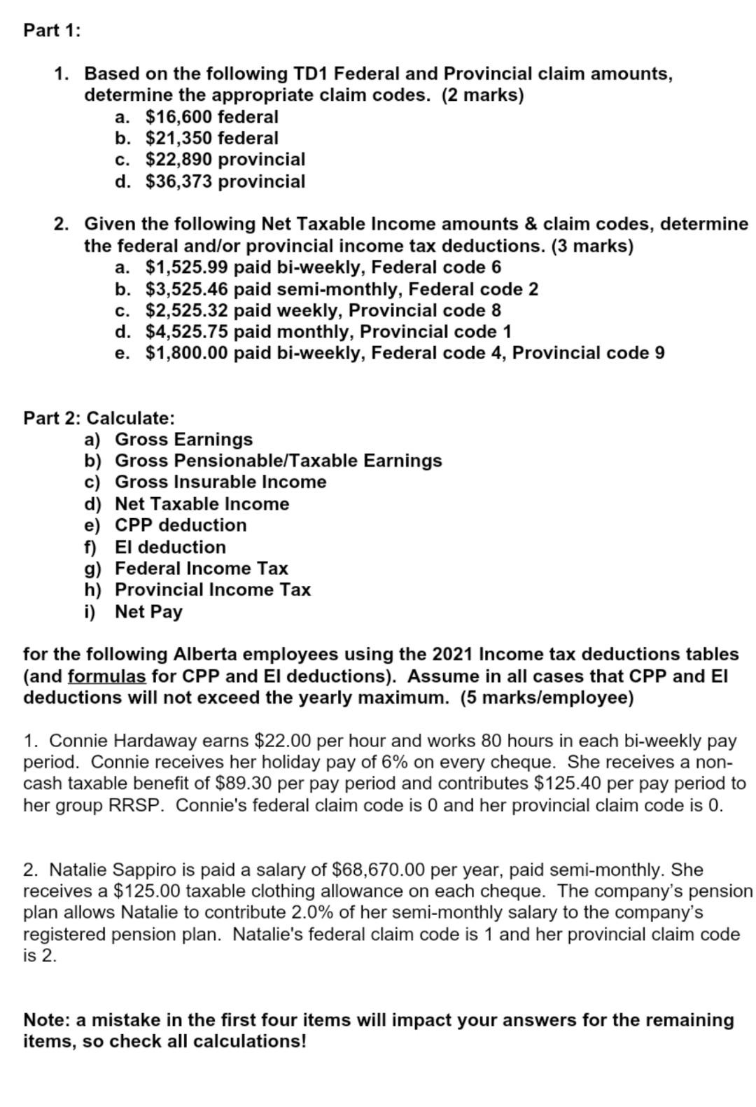 Part 1: 1. Based on the following TD1 Federal and | Chegg.com