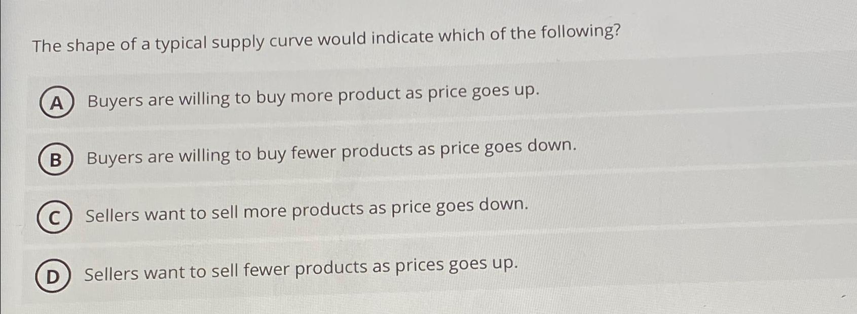Solved The shape of a typical supply curve would indicate | Chegg.com