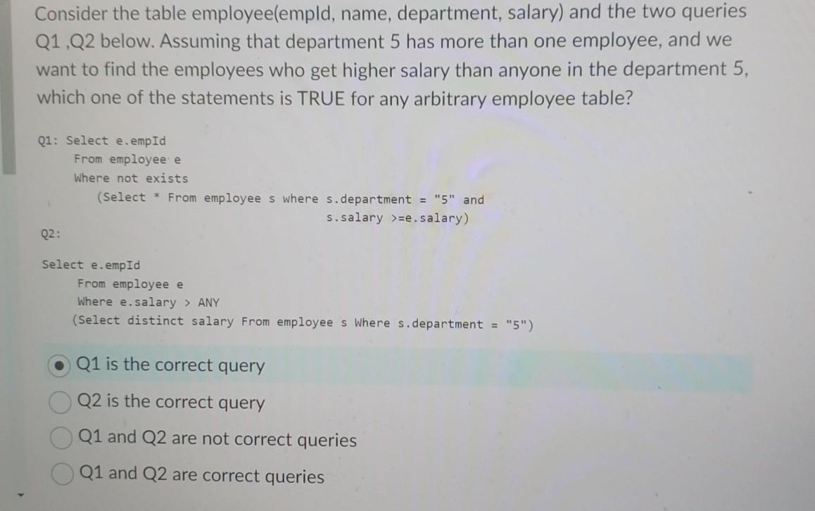 Solved Consider the table employee(empld, ﻿name, department, | Chegg.com