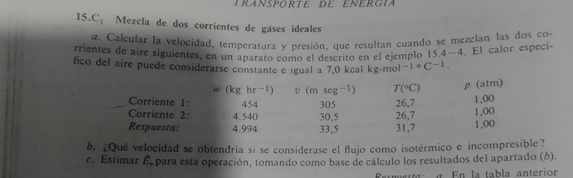 15. \( C_{1} \) Mezcla de dos corrientes de gases ideales a. Calcular la velocidad, temperatura y presión, que resultan cuand