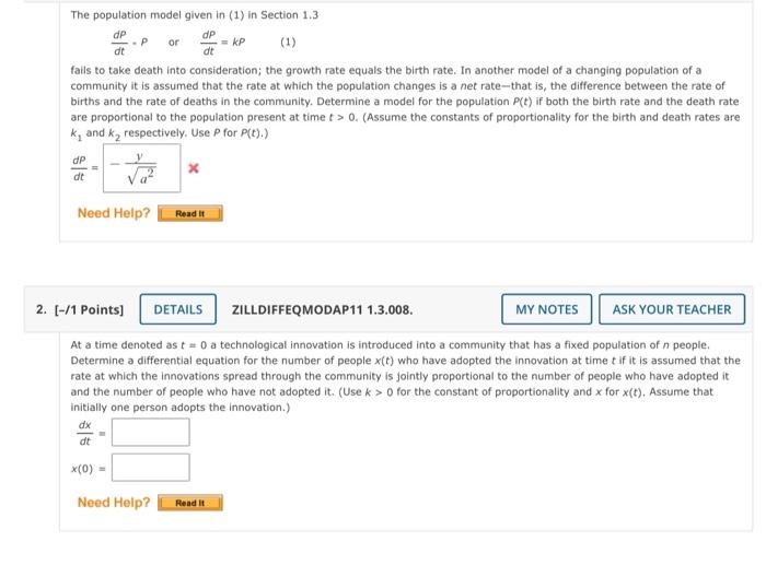 Solved or dp =KP dt The population model given in (1) in | Chegg.com