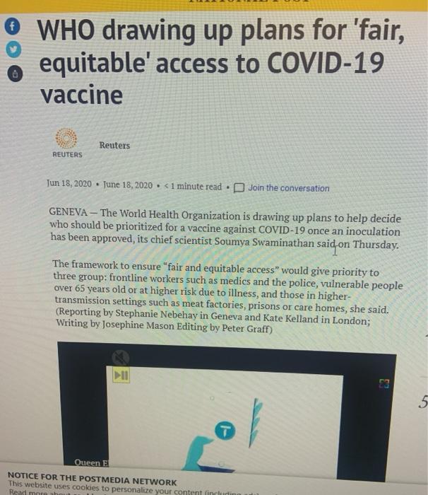 O WHO drawing up plans for fair, o equitable access to COVID-19 vaccine Reuters REUTERS Jun 18, 2020. June 18, 2020 • < 1 m