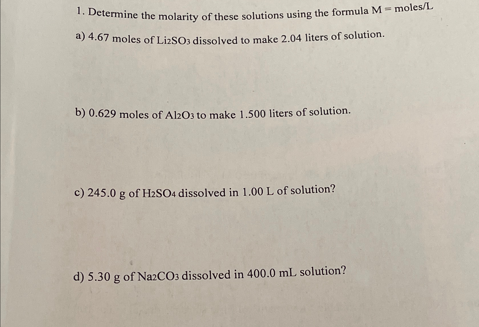 Solved Determine the molarity of these solutions using the | Chegg.com