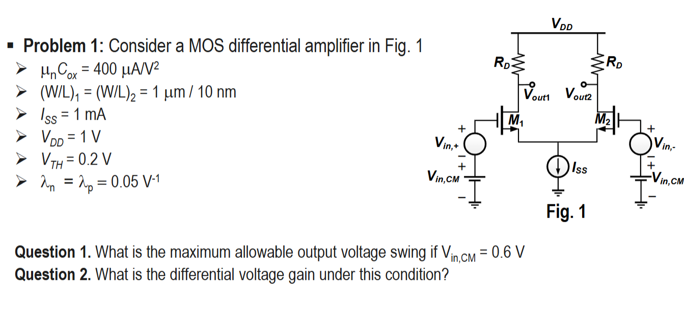 Problem 1: Consider a MOS differential amplifier in | Chegg.com