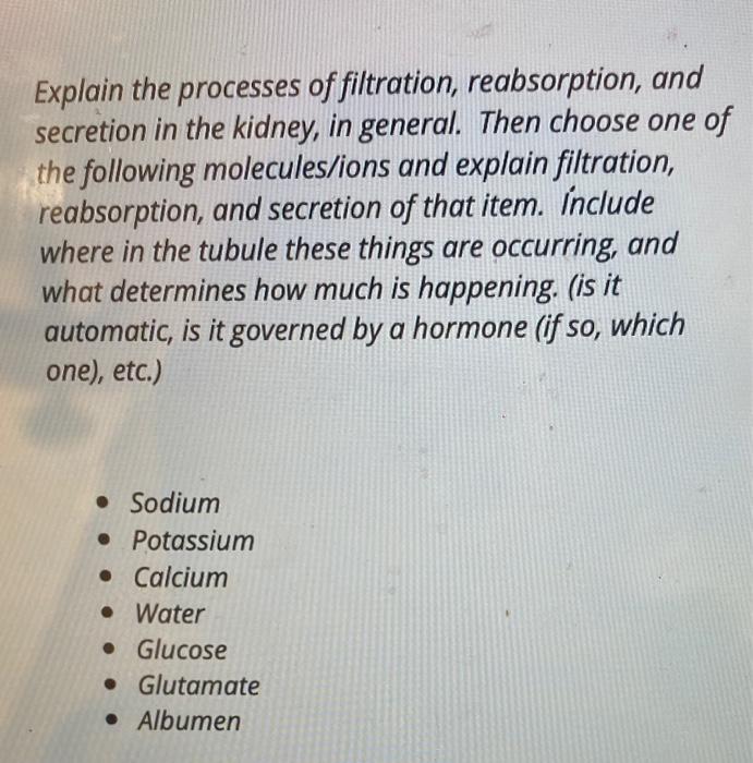 Solved Explain the processes of filtration, reabsorption,