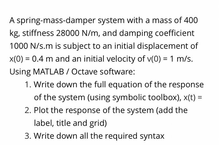 solved-a-spring-mass-damper-system-with-a-mass-of-400-kg-chegg