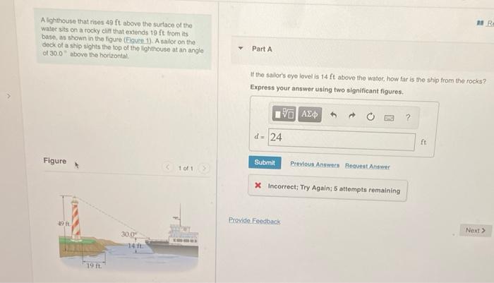Solved A lighthouse that rises 49 ft above the surface of | Chegg.com