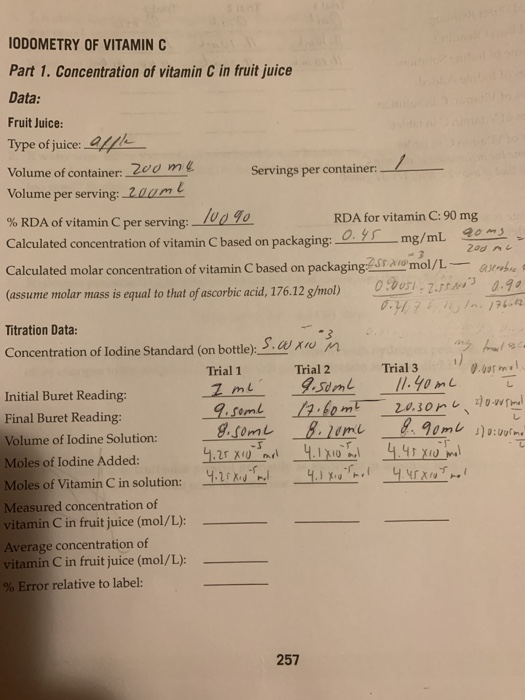 IODOMETRY OF VITAMIN C Part 1. Concentration of | Chegg.com