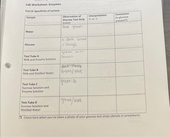 Lab Worksheet: Errymes Part: Specificity of Lacto | Chegg.com