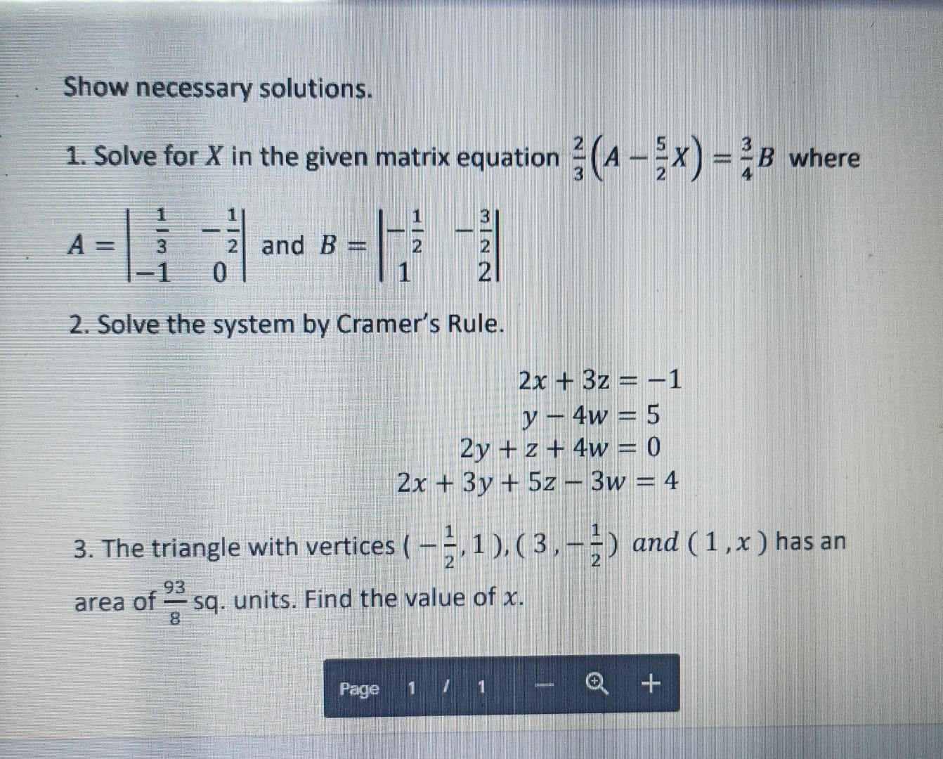 Solved Show necessary solutions. В 1. Solve for X in the | Chegg.com