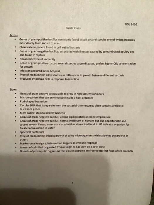 Solved BIOL 2420 Puzzle Clues . Across Genus of