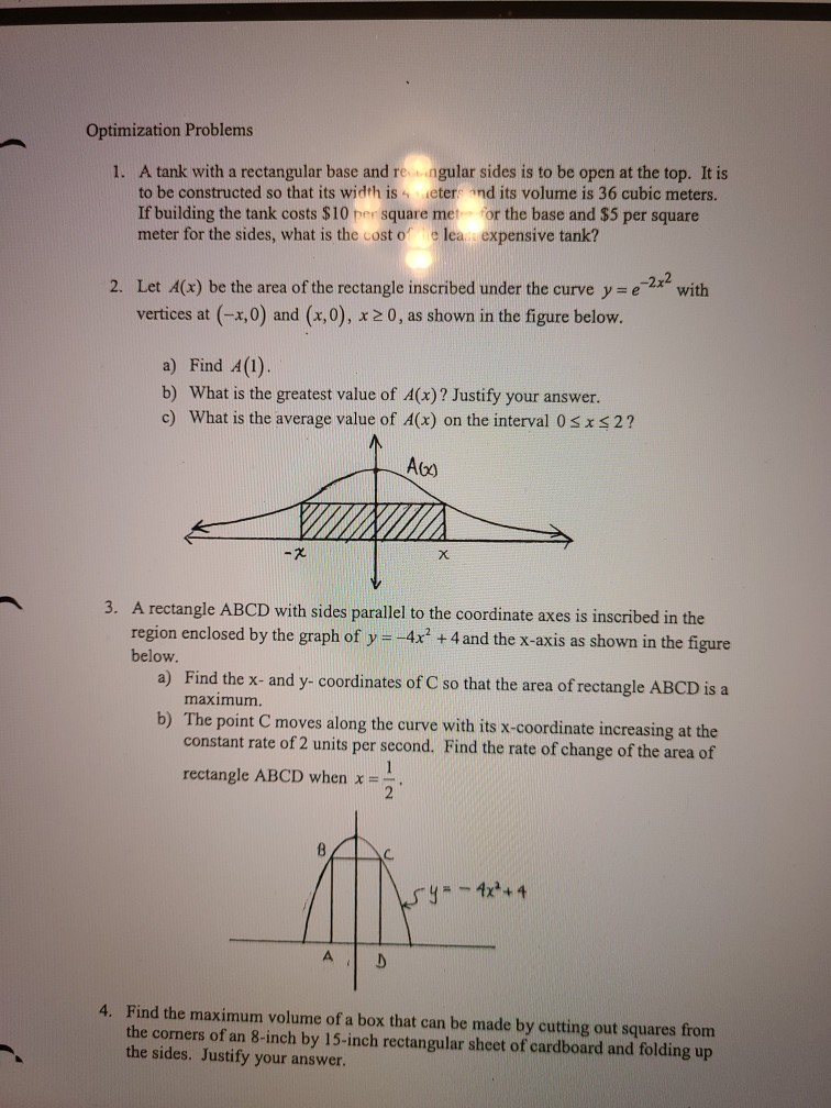 Solved Optimization Problems 1. A tank with a rectangular | Chegg.com