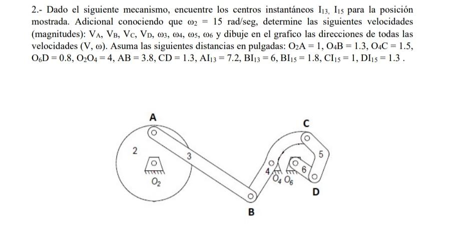 2.- Dado el siguiente mecanismo, encuentre los centros instantáneos 113, 11s para la posición mostrada. Adicional conociendo