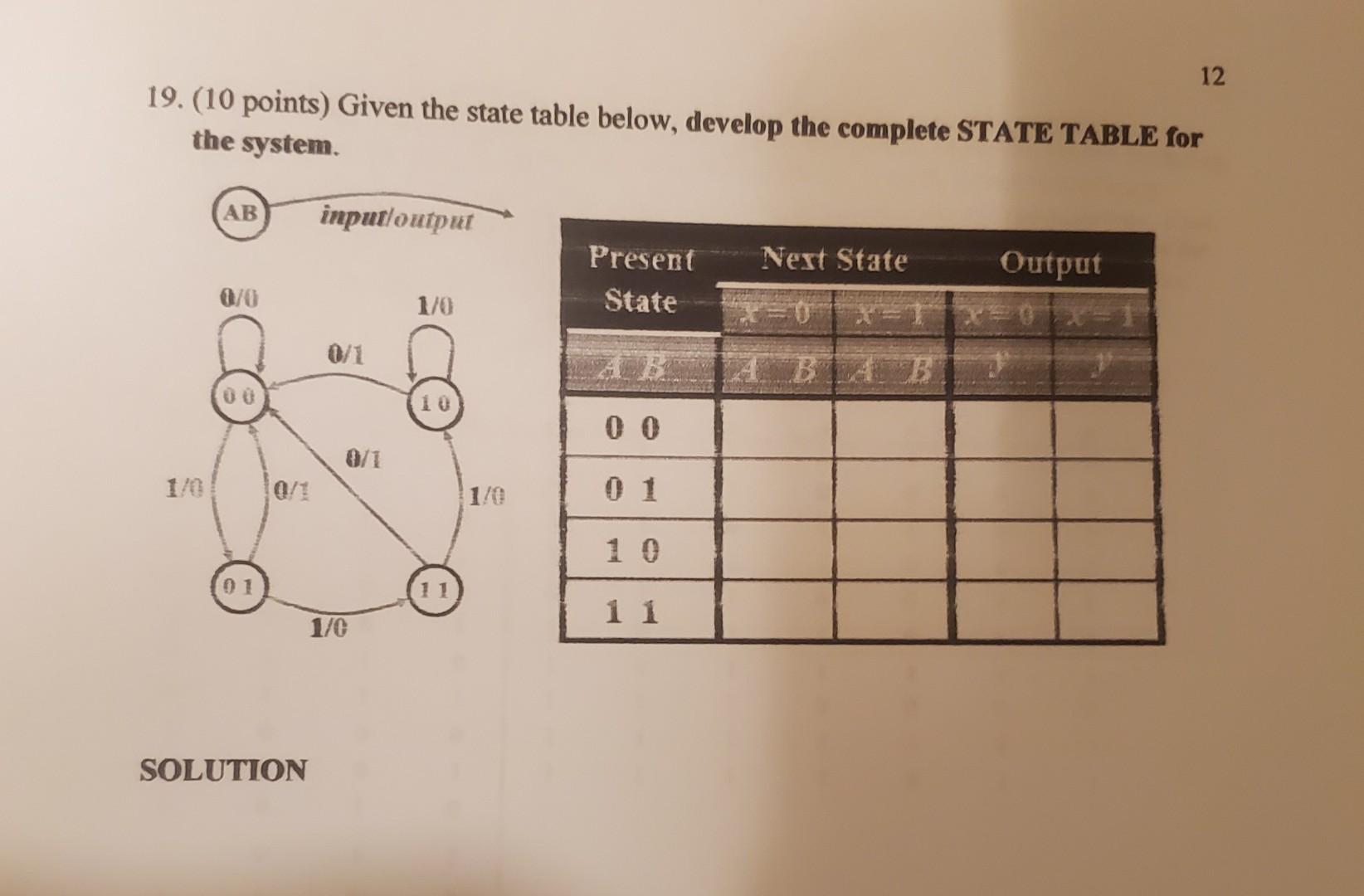 Solved 12 19. (10 points) Given the state table below, | Chegg.com