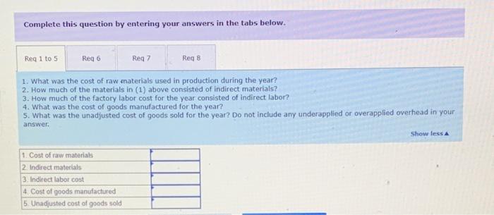 Complete this question by entering your answers in the tabs below.
1. What was the cost of raw fnaterials used in production 