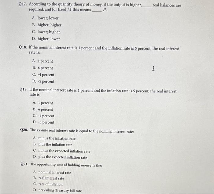 Solved Q17. According to the quantity theory of money, if | Chegg.com